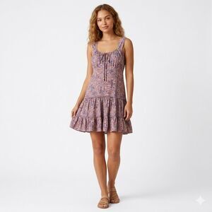 Angie Womens Floral Babydoll Mini Dress Large Purple Boho Tiered Open Back